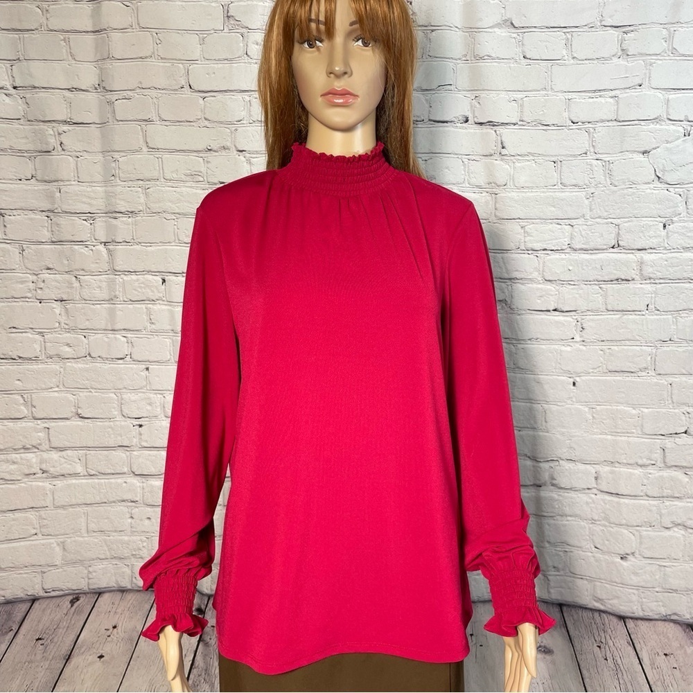 Adrianna Papell Red Smocked Neck Turtleneck Long Sleeve Blouse Size L